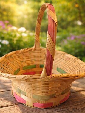 Vintage Easter Bonnet Basket Woven Wicker Pink and Green Bands Mexico
